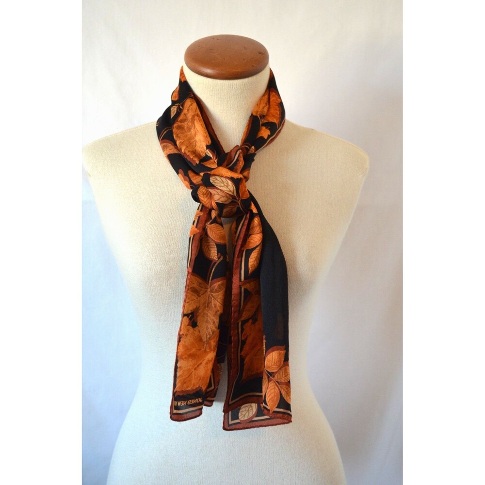 Jones New York Silk Scarf Long Rectangle Fall Autumn Leaves Black Background - Picture 4 of 4